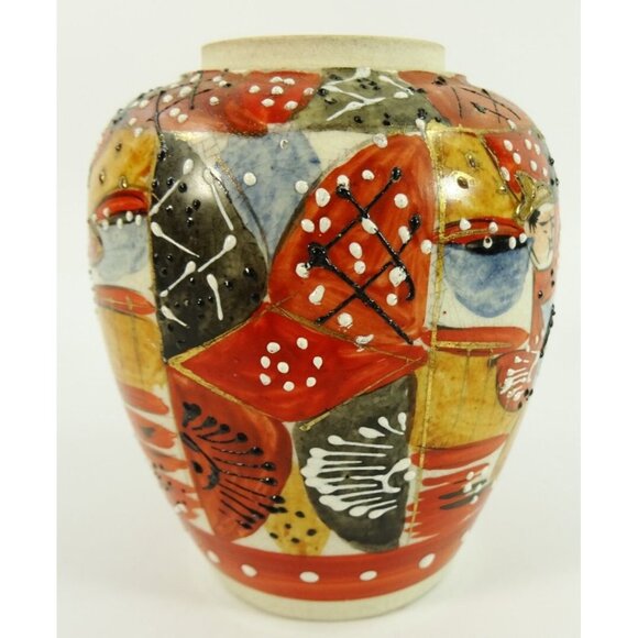 Vintage Satsuma-Style Art Vase Pottery Moriage Japanese Warrior Samurai Crazing - Picture 7 of 14